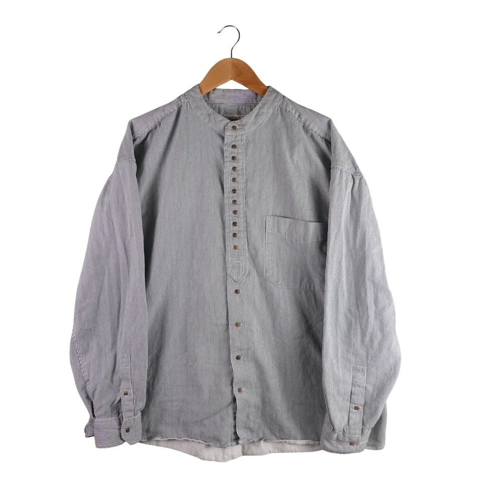 Civilian Mens 2XL Grandad Collar Striped Cotton Button Down Shirt Navy White